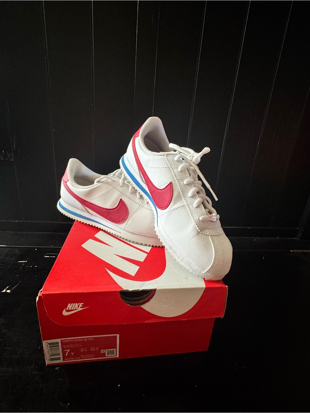 Nike Cortez White Sneakers with RedSwoosh and Blue Trim